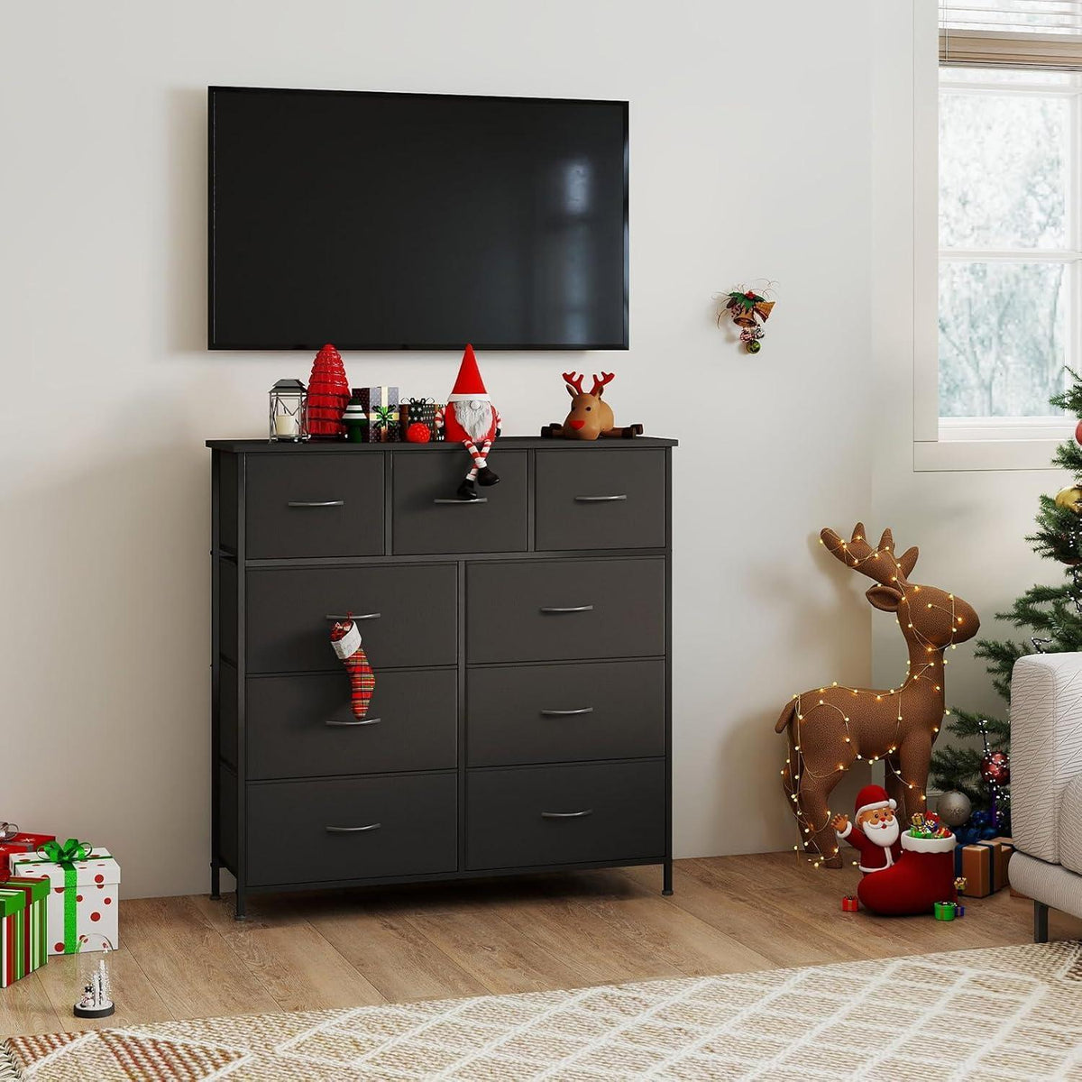 Kommode mit 9 Stoffschubladen – Schwarz, 100x30x99 cm