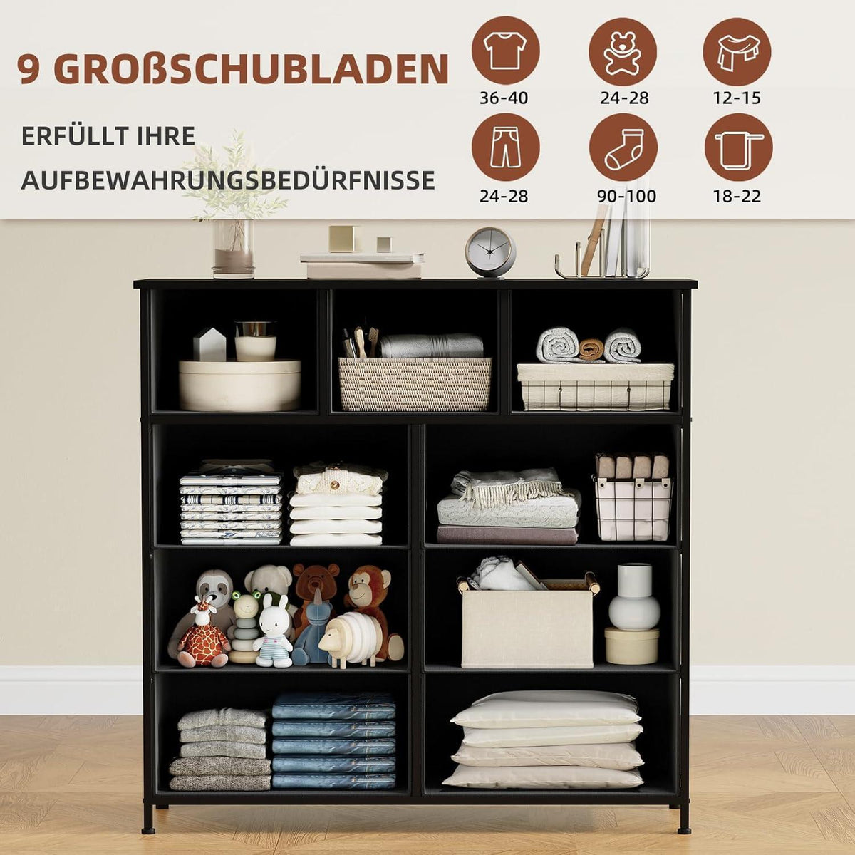 Kommode mit 9 Stoffschubladen – Schwarz, 100x30x99 cm