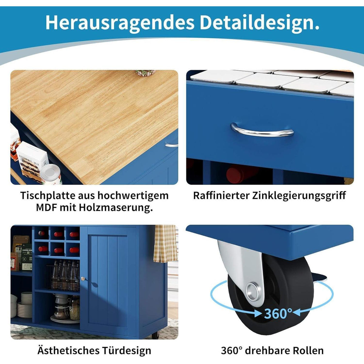Kücheninsel blau mit Stauraum & Rollen – 102x45x92cm