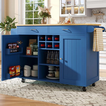 Kücheninsel blau mit Stauraum & Rollen – 102x45x92cm