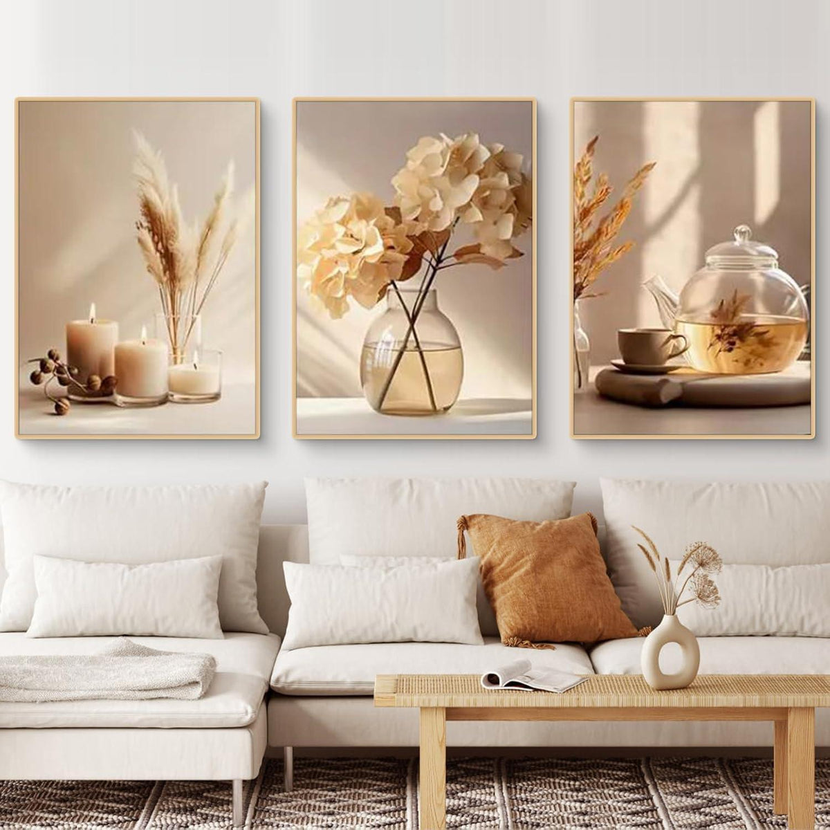3er Set Boho Bilder Wanddeko Beige Blumen Poster 50x70cm