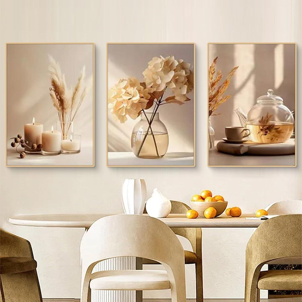 3er Set Boho Bilder Wanddeko Beige Blumen Poster 50x70cm