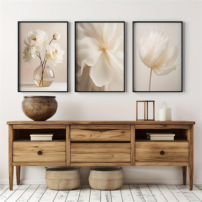 3er Set Boho Bilder Wanddeko Beige Blumen Poster 40x50cm