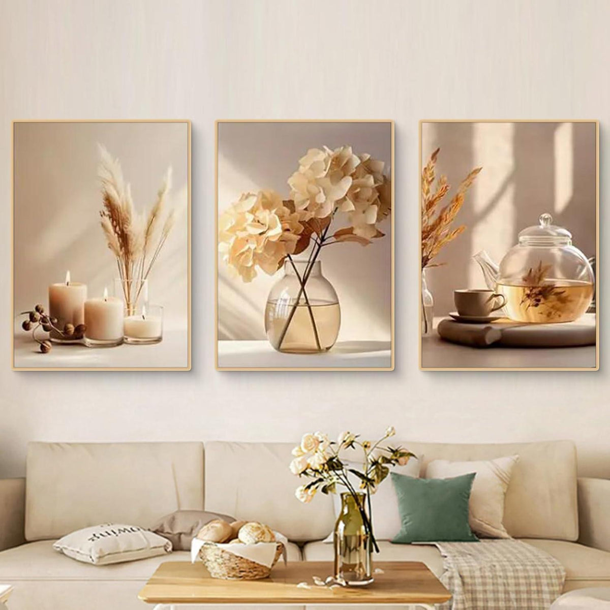3-teiliges Boho Bilder Set Beige Blume Wandbilder Deko