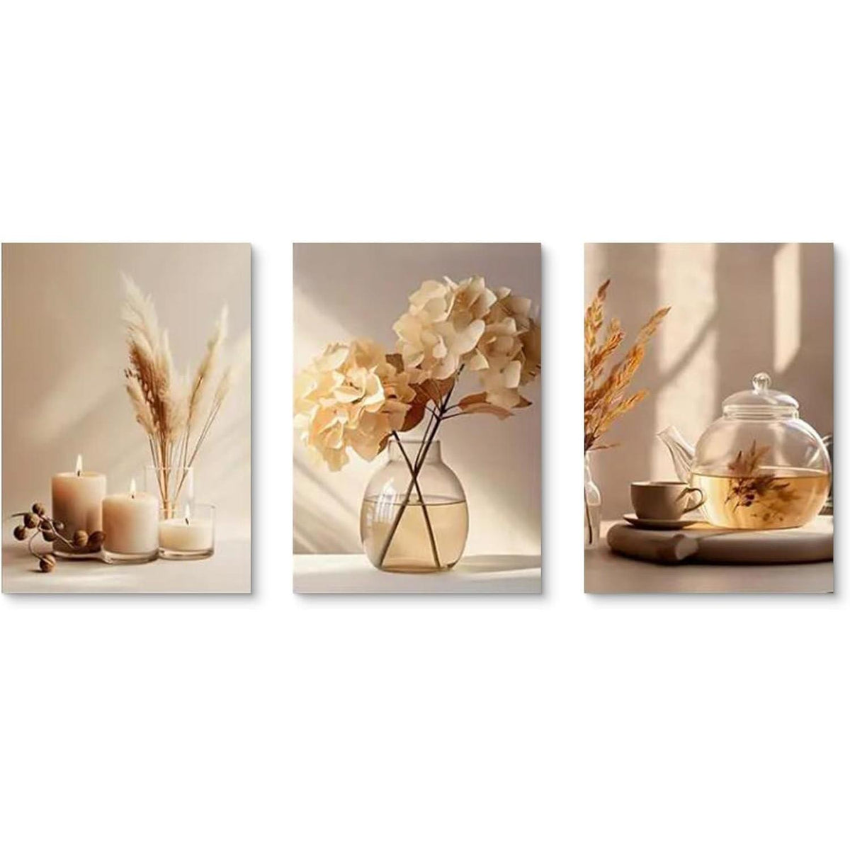 3-teiliges Boho Bilder Set Beige Blume Wandbilder Deko