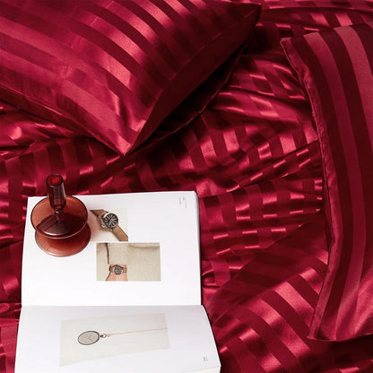 Satin Bettwäsche Set 135x200cm, 4-teilig, Rot gestreift