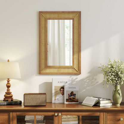 Rattan Wandspiegel – Boho Badspiegel mit Holzrahmen 66x36cm