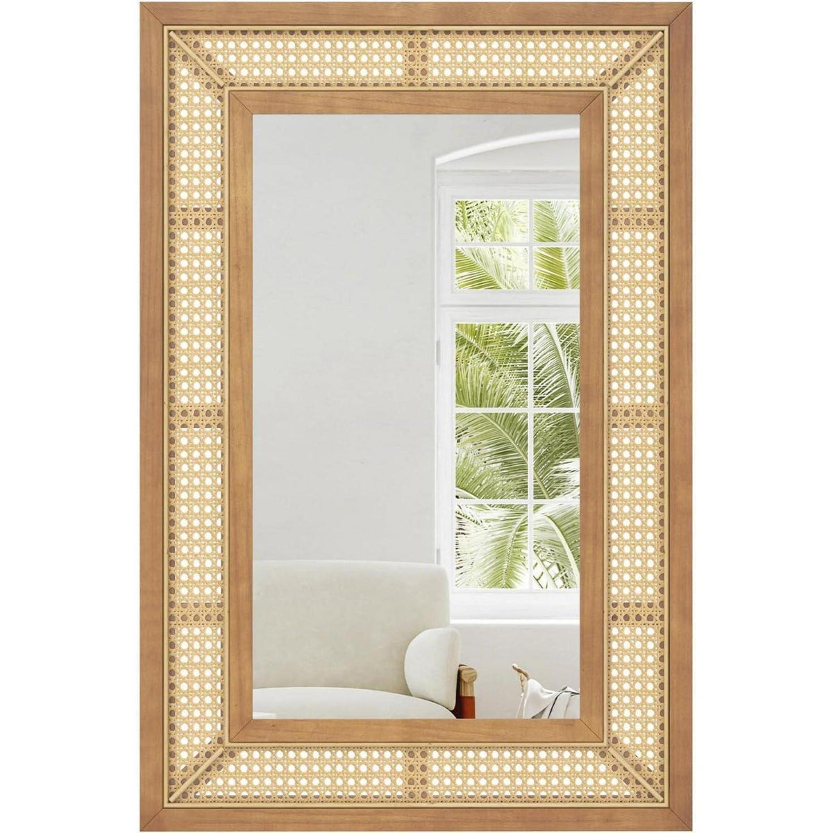 Rattan Wandspiegel – Boho Badspiegel mit Holzrahmen 66x36cm