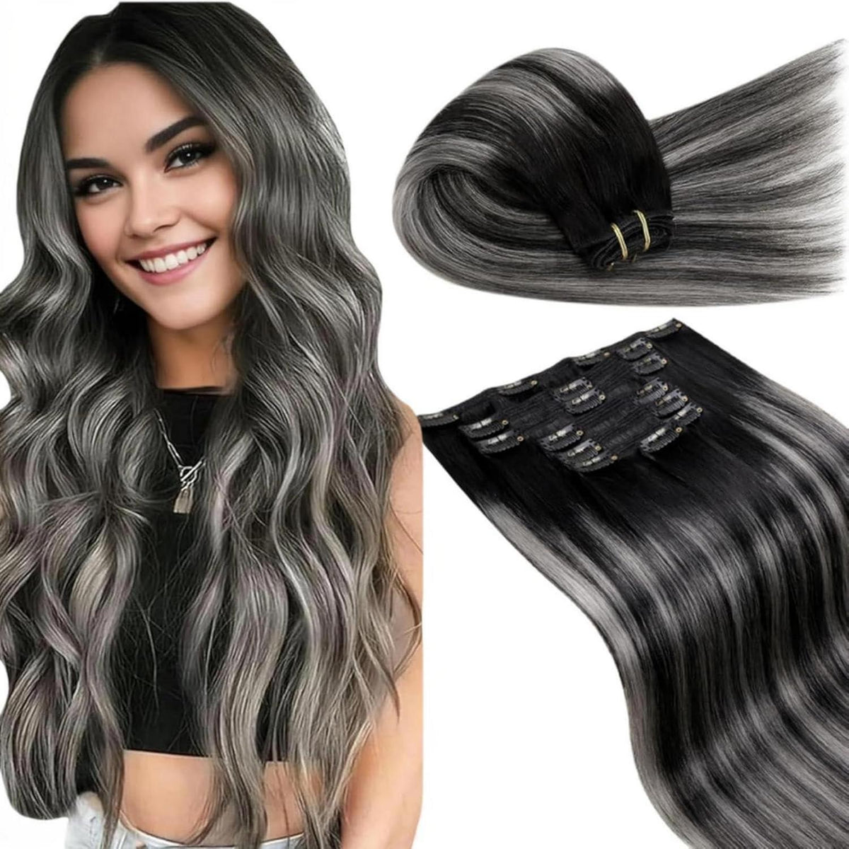Echthaar Clip-Ins Ombre Schwarz 60cm - 7 Stück