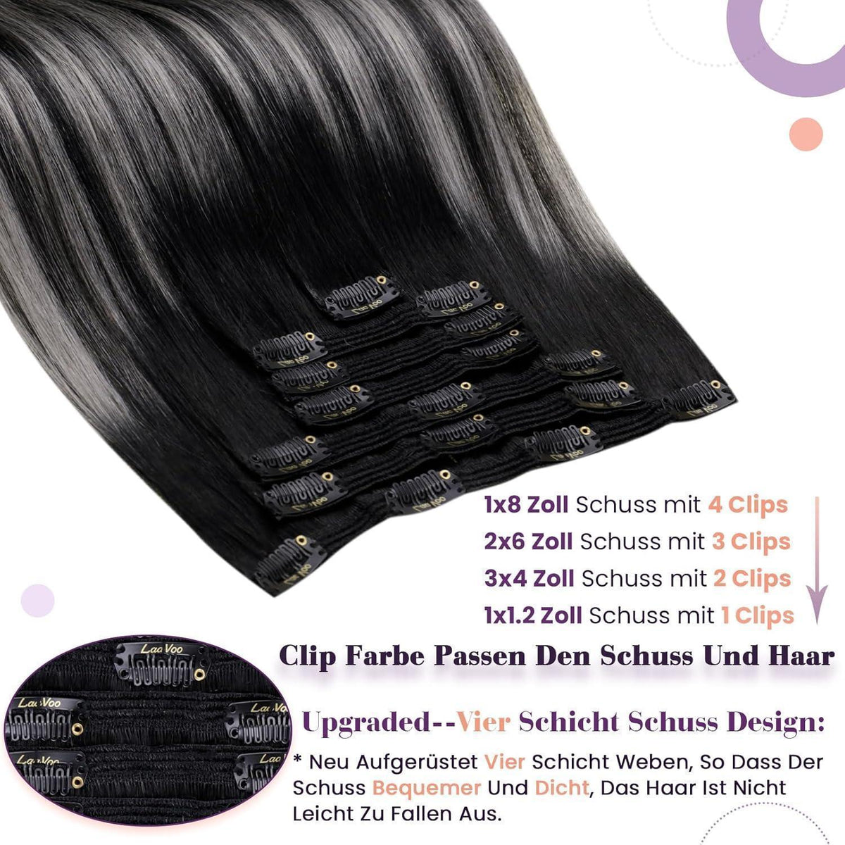 Echthaar Clip-Ins Ombre Schwarz 60cm - 7 Stück