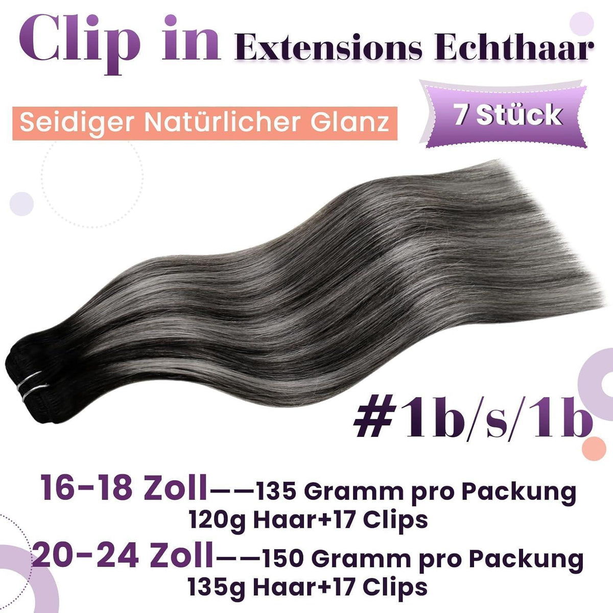 Echthaar Clip-Ins Ombre Schwarz 60cm - 7 Stück