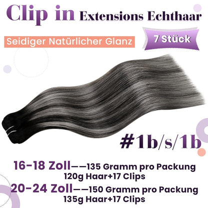 Echthaar Clip-In Extensions Schwarz Ombre Silber 50cm