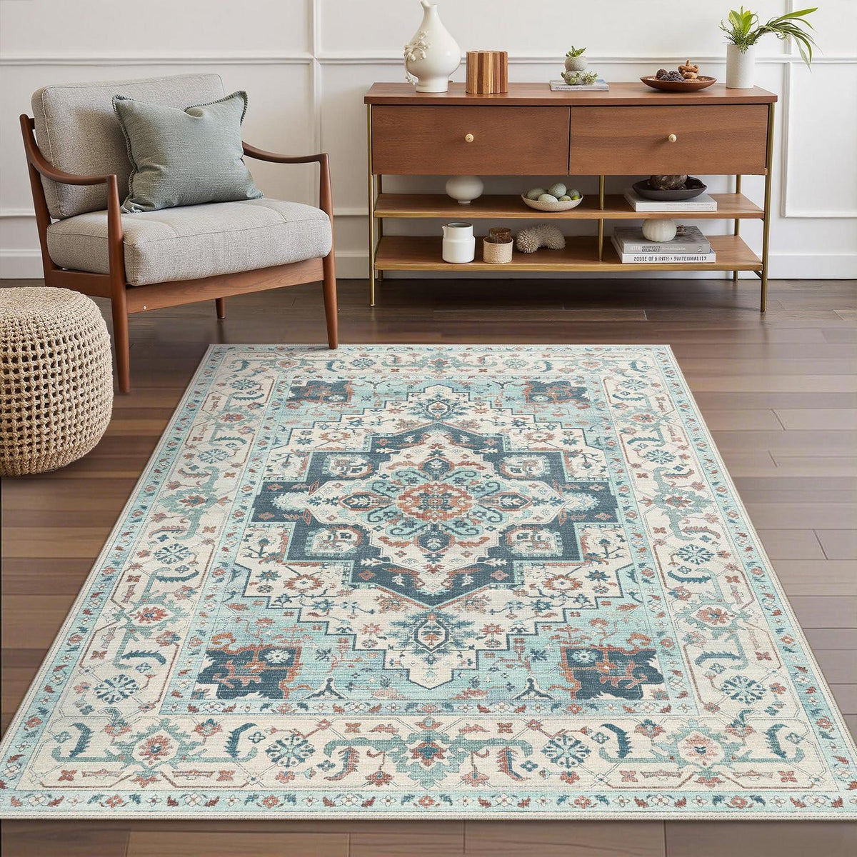 Vintage Teppich Waschbar 200x290cm Indigoblau