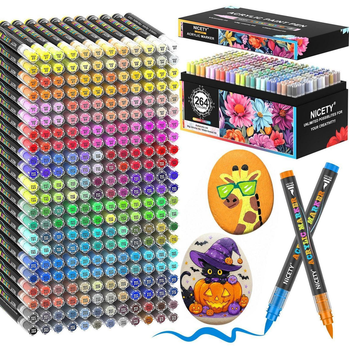 Acrylstifte Set 264 Farben – Pinselspitze für Steine, Holz & mehr