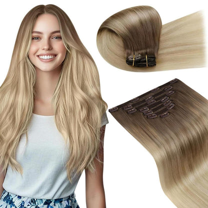 Clip-in Haarverlängerung Echthaar Balayage Braun Blond