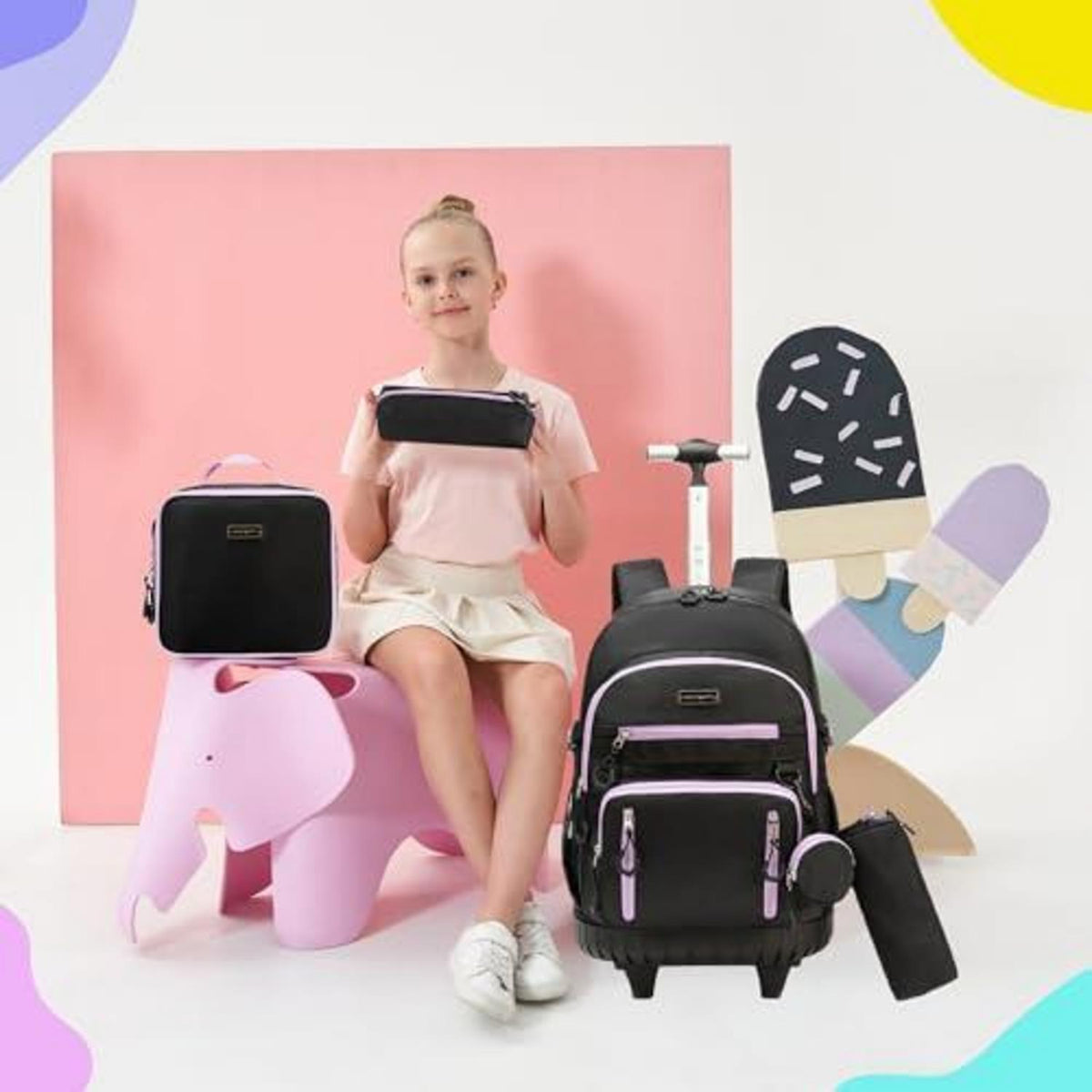 Schultrolley Rucksack Mädchen Lila & Schwarz mit Rollen