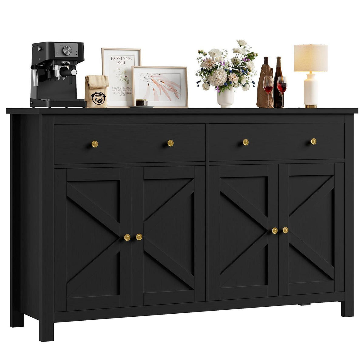 Schwarzes Sideboard 140cm – Küchenbuffet mit Schubladen & Ablagen