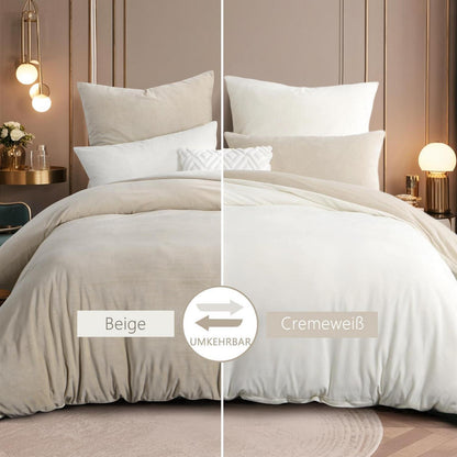 Kuschelige Flanell Bettwäsche 220x240 Beige-Weiß 3-teilig