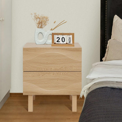 Nachttisch Massivholz mit 2 Wellen-Schubladen, Boho Eichenoptik