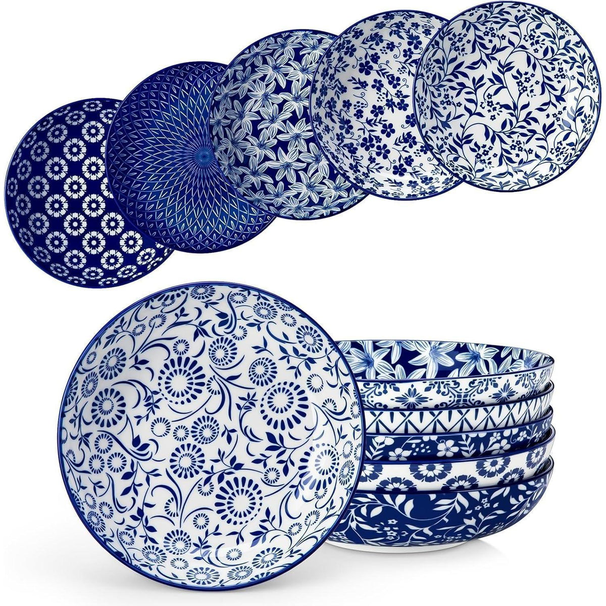 vancasso Porzellan Pastateller 6er Set 1200ml Blau-Weiß Blumen