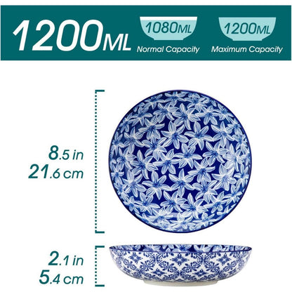 vancasso Porzellan Pastateller 6er Set 1200ml Blau-Weiß Blumen