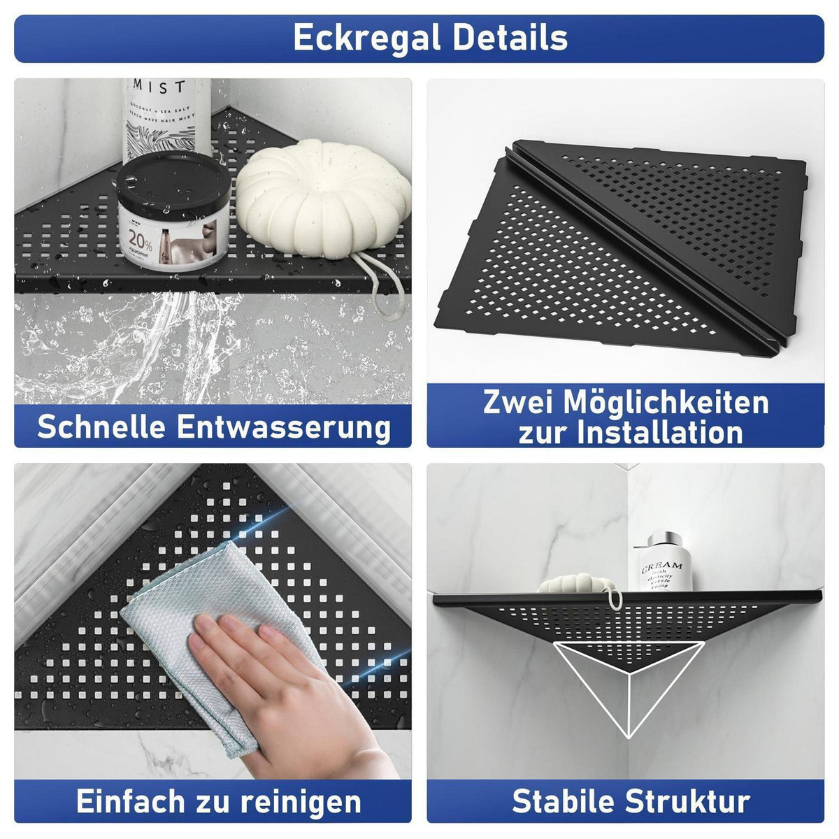 Eck-Duschregal Edelstahl 304 - 2er Set Schwarz, Ablage für Geflieste Wände
