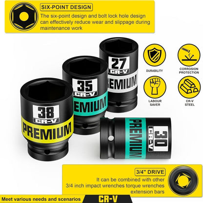 Schlagschrauber Nüsse Satz 8-tlg 3/4 Zoll, 26-38 mm, Chrom-Vanadium-Stahl