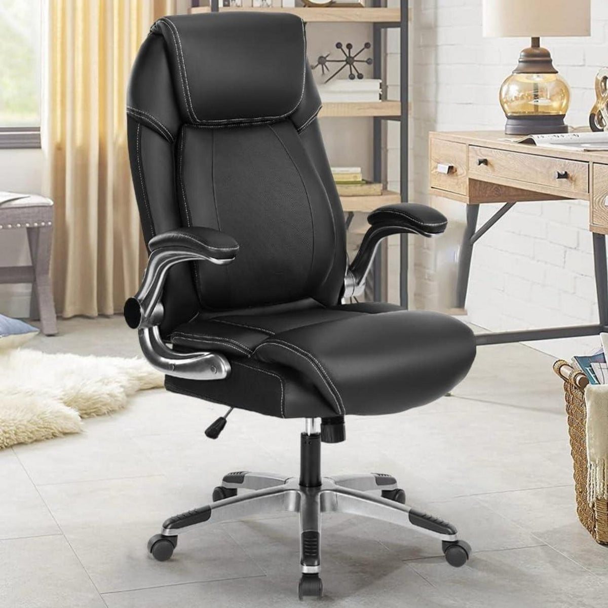 Ergonomischer Bürostuhl Schwarz PU Leder mit Klapparmlehnen