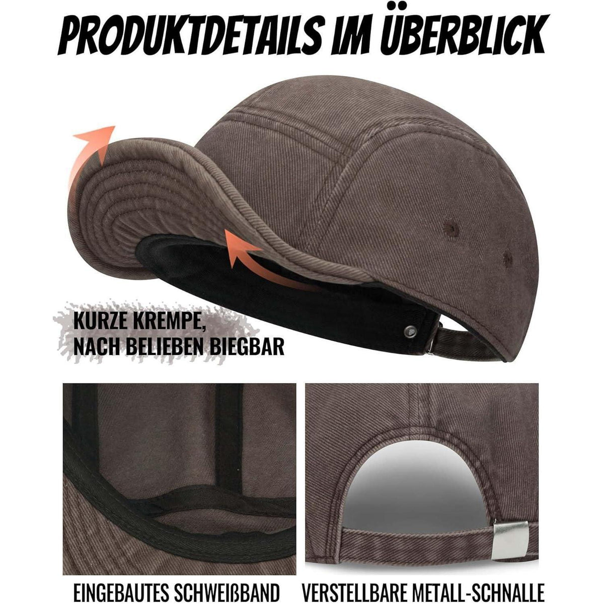 Baumwoll 5-Panel Cap mit kurzem Schirm – Herren Baseball Cap