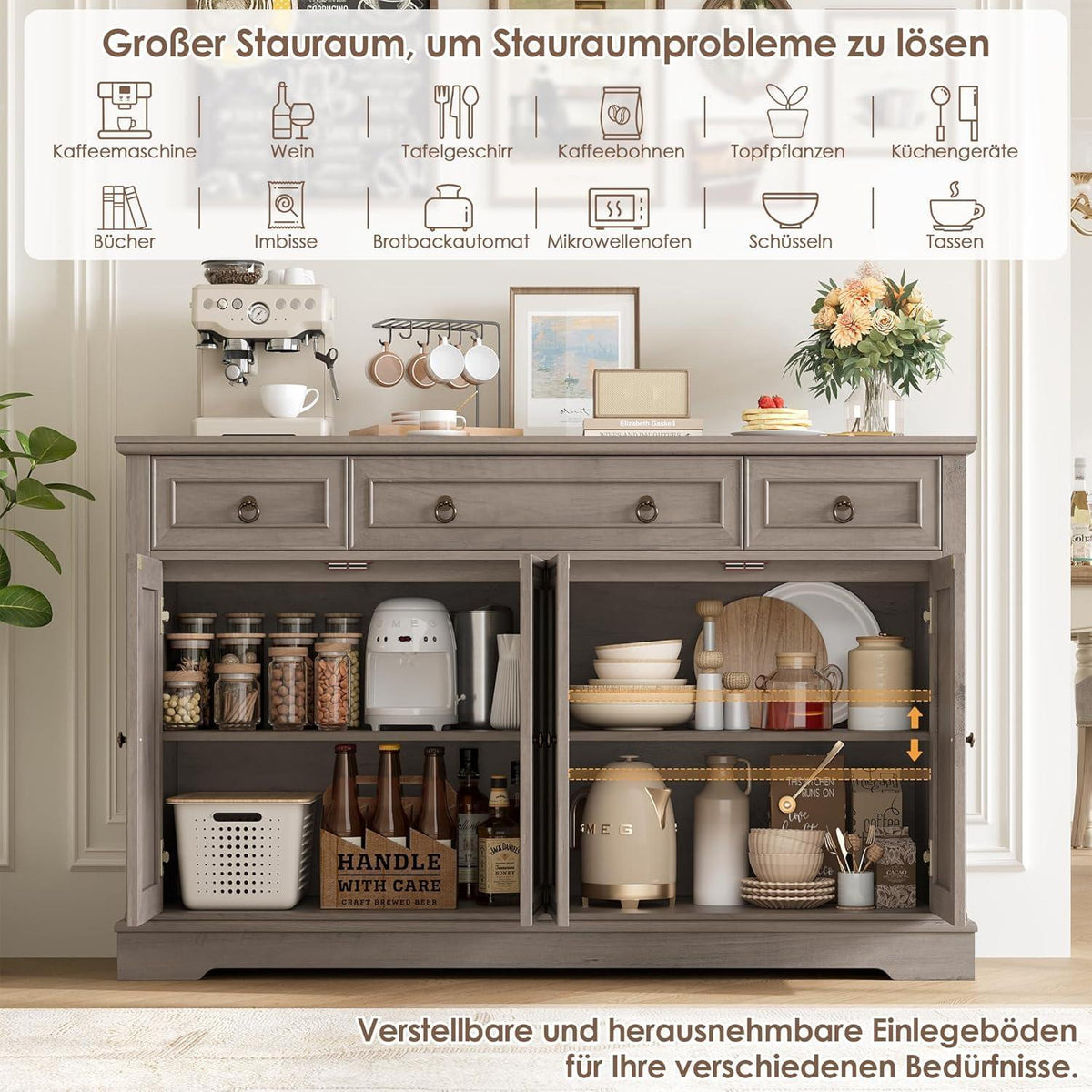 Weißes Sideboard mit 3 Schubladen & 4 Türen – Küchenbuffet 134cm