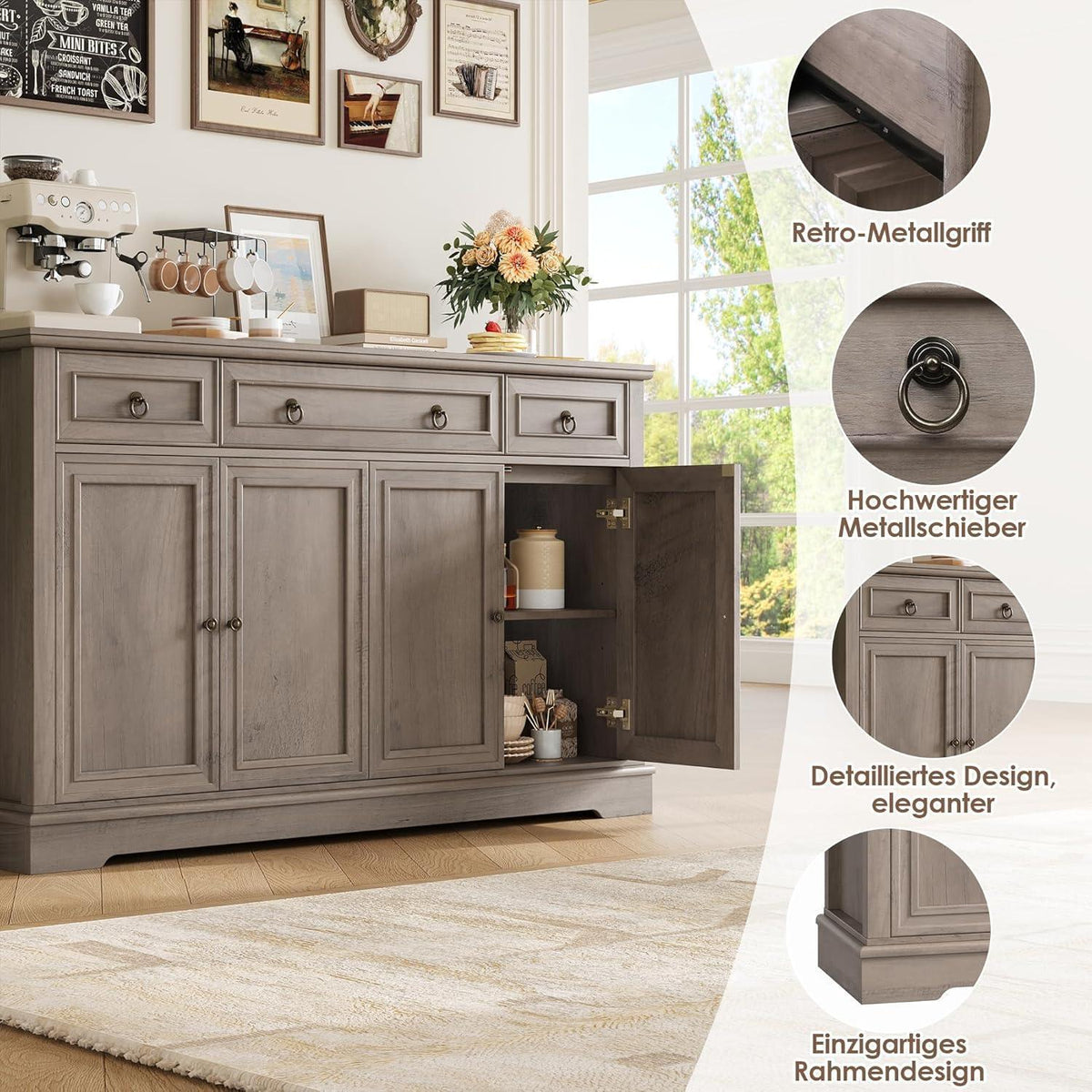 Weißes Sideboard mit 3 Schubladen & 4 Türen – Küchenbuffet 134cm
