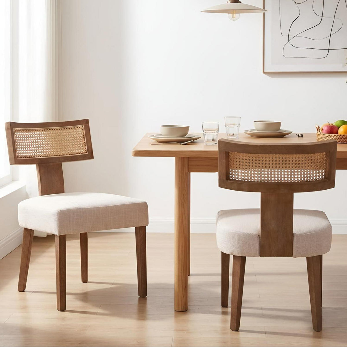Esszimmerstühle 2er Set Leinen & Rattan Vintage Holzstuhl Beige