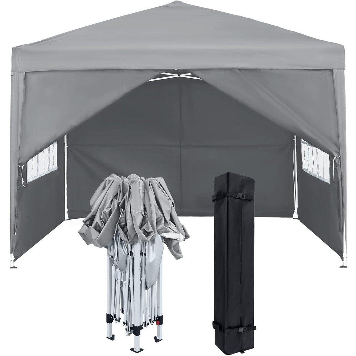 Faltpavillon 2,5x2,5m mit Seitenteilen & Fenstern – Grau