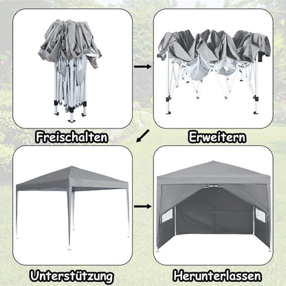 Faltpavillon 2,5x2,5m mit Seitenteilen & Fenstern – Grau