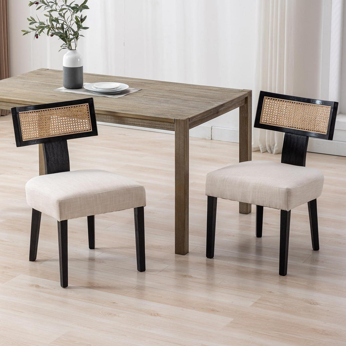 Esszimmerstühle 2er Set Leinen & Rattan Vintage Schwarz