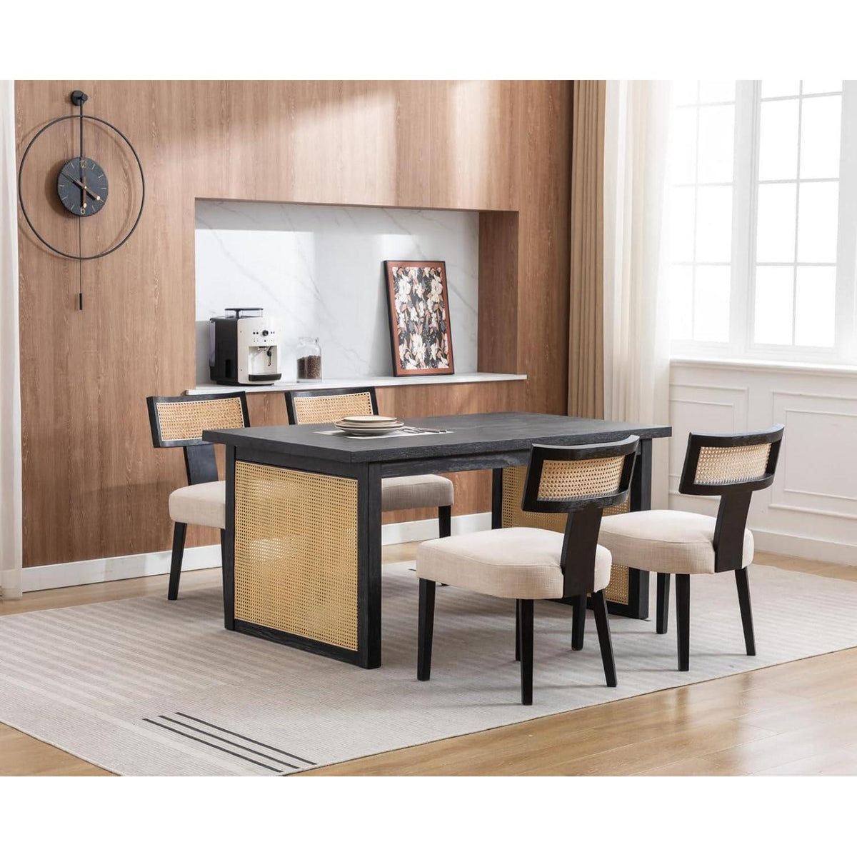Esszimmerstühle 2er Set Leinen & Rattan Vintage Schwarz
