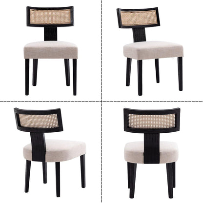 Esszimmerstühle 2er Set Leinen & Rattan Vintage Schwarz