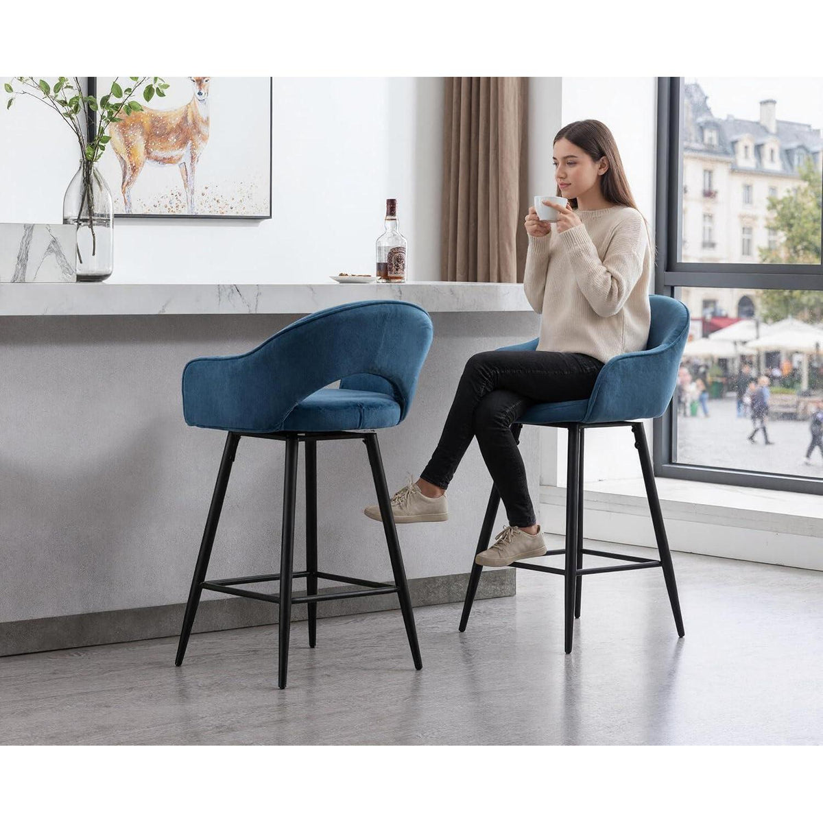 Ya-Home Barhocker 2er Set, Drehbar & Samtbezogen, Blau