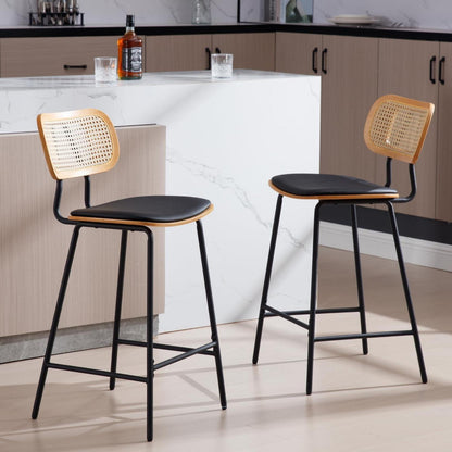 Rattan Barhocker 2er Set mit Sitzfläche Schwarz in Lederoptik