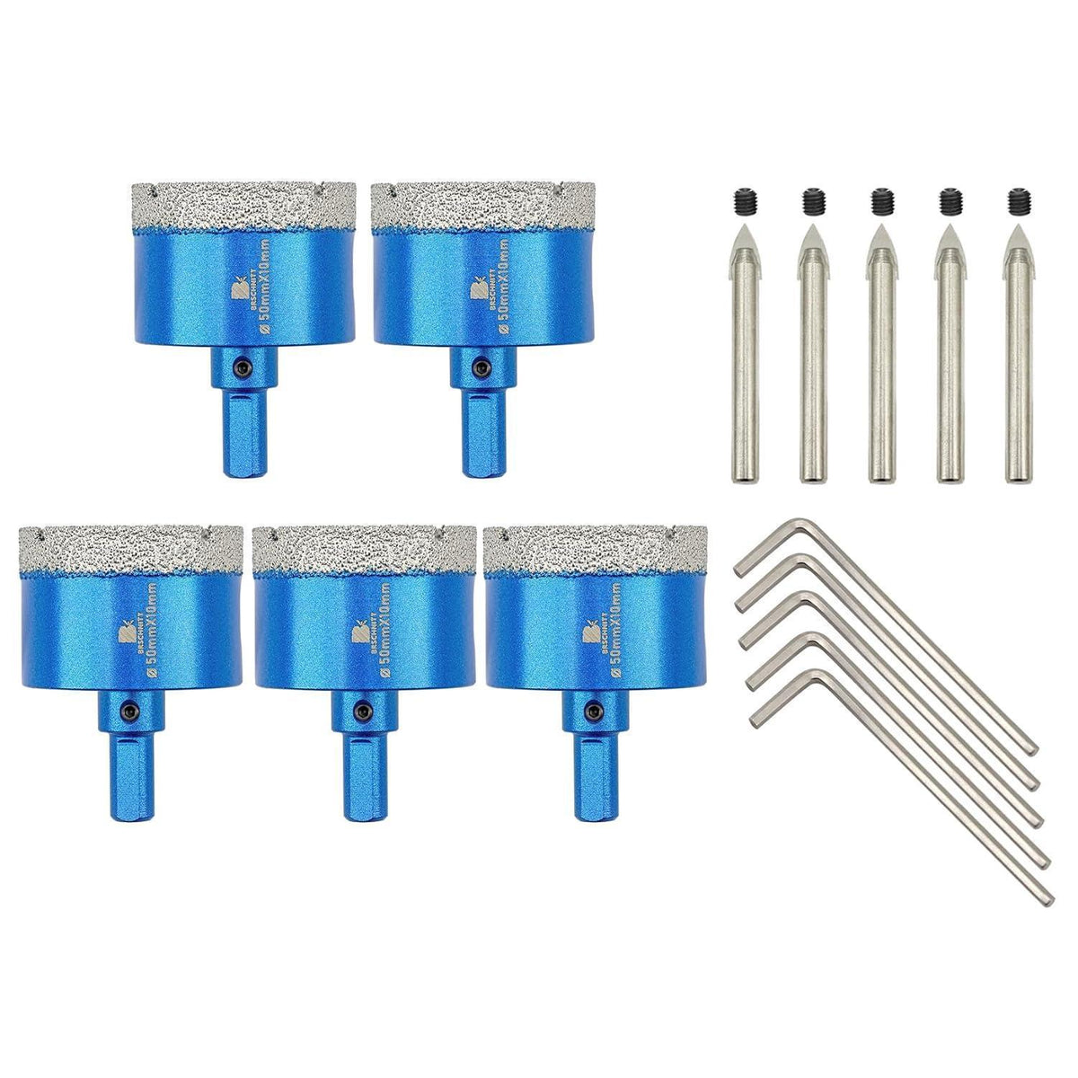 Diamant Fliesenbohrer Set 50mm mit Zentrierbohrer, 5 Stück