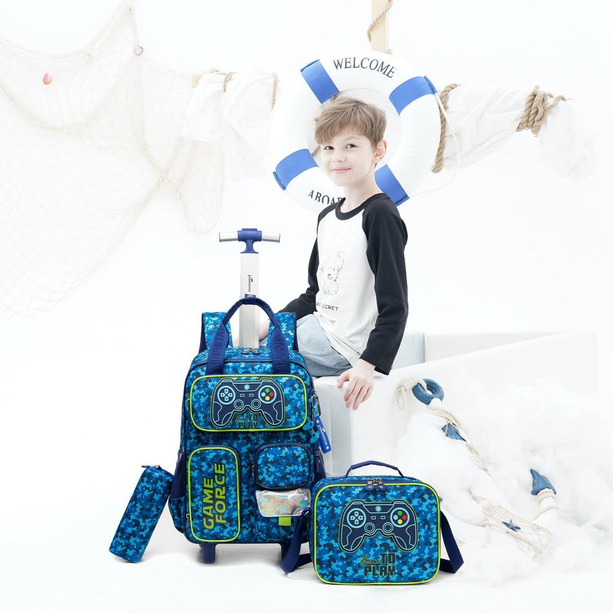 Trolley Rucksack Kinder – Rollen Schulranzen Blau Game