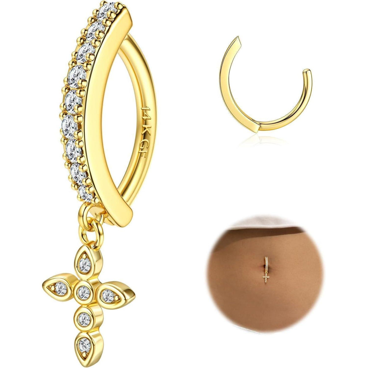 Bauchnabelpiercing Gold Chirurgenstahl mit Zirkonia Kreuz 14G