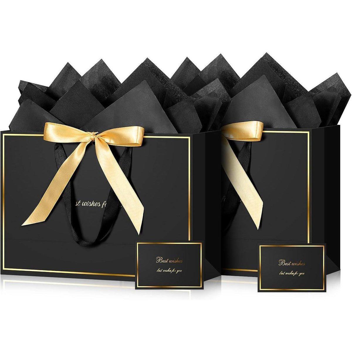 Geschenktüten Schwarz Gold mit Schleifenband & Grußkarten