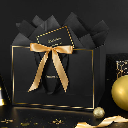 Geschenktüten Schwarz Gold mit Schleifenband & Grußkarten