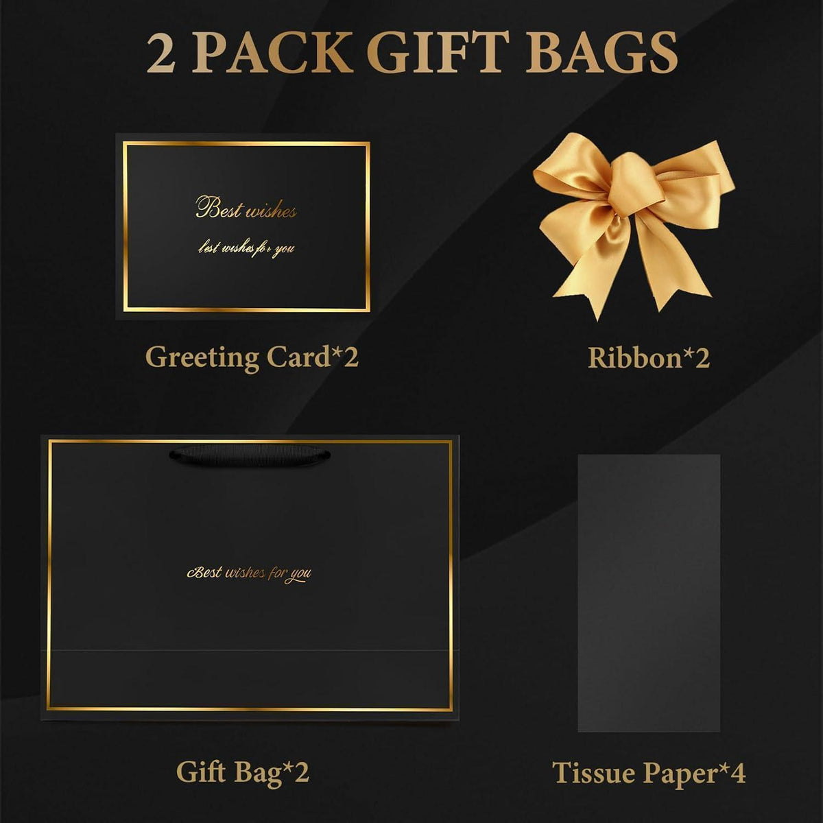 Geschenktüten Schwarz Gold mit Schleifenband & Grußkarten