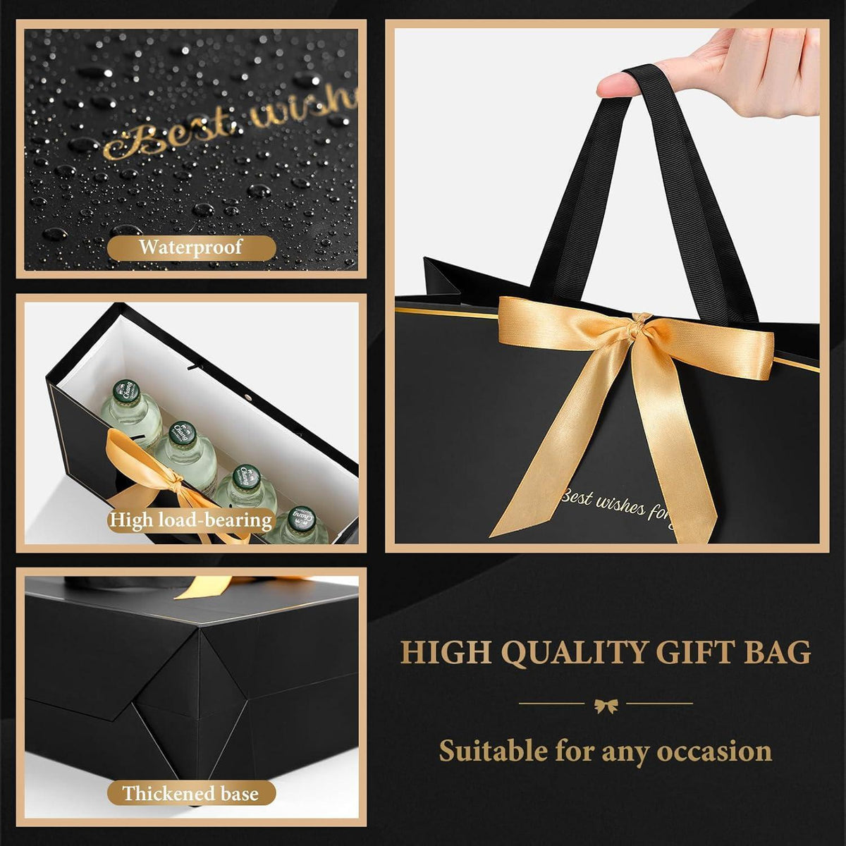 Geschenktüten Schwarz Gold mit Schleifenband & Grußkarten