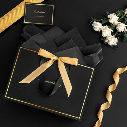 Geschenktüten Schwarz Gold mit Schleifenband & Grußkarten