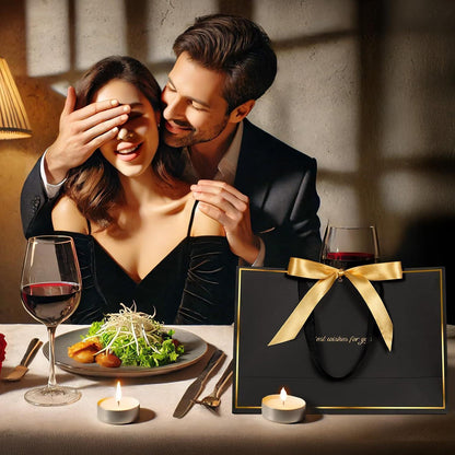 Geschenktüten Schwarz Gold mit Schleifenband & Grußkarten