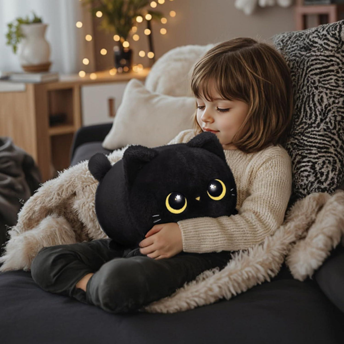 Schwarze Katze Plüschtier – 40cm Kuschelkissen & Geschenk