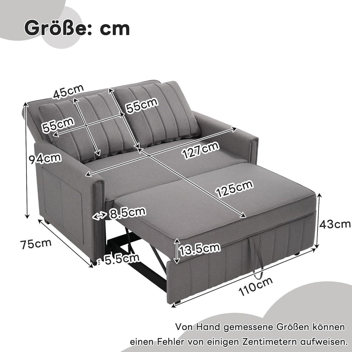 2-Sitzer Schlafsofa mit Bettkasten & verstellbarer Lehne (Antik Grau)